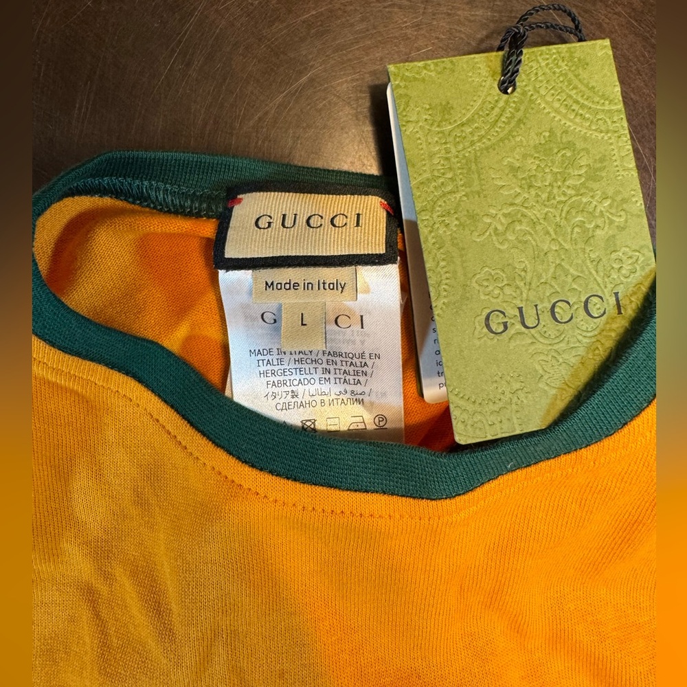 New Authentic Gucci GG Logo Dog Shirt Clothes Gold Green Size L - Picture 10 of 11